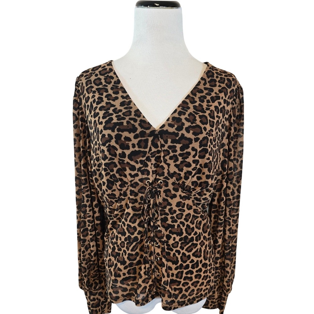 Ember‎ Womens Leopard Print Lace Up Front Smocked Back Blouse Size L Stretch